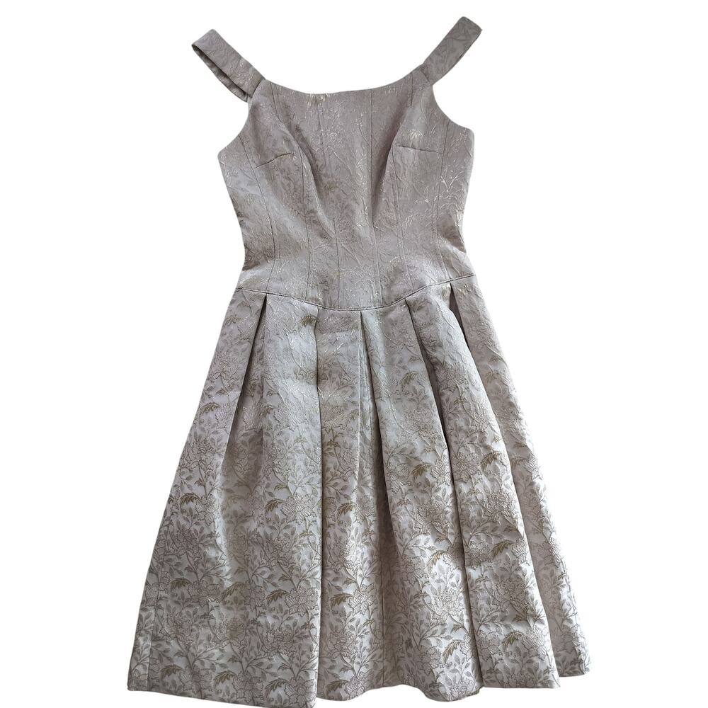 Teri Jon by Rickie Freedman Metallic Jacquard Pleated Cocktail Midi Dress Size 2 - Picture 2 of 13